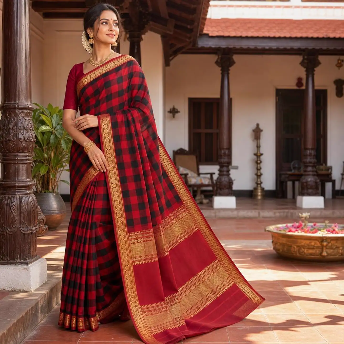 Model in a black and crimson red checked Karaikudi kandangi cotton saree with gold temple border