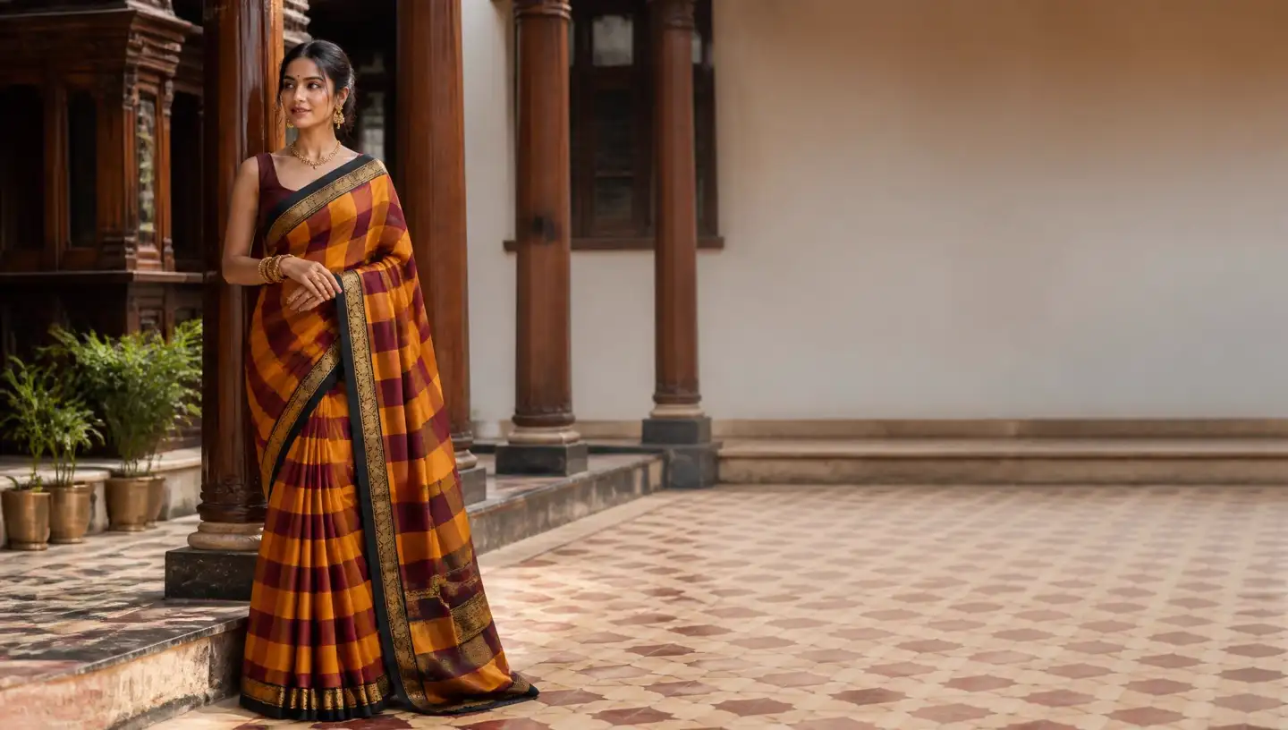 Model in a mustard and maroon checked Karaikudi Chettinad cotton saree in a heritage courtyard
