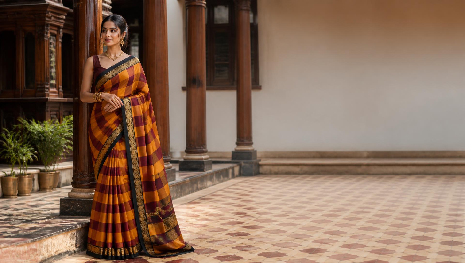 Model in a mustard and maroon checked Karaikudi Chettinad cotton saree