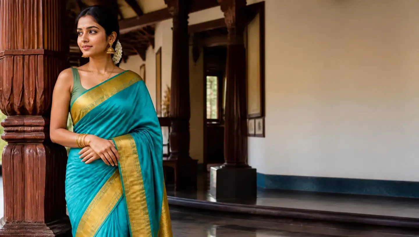 Model in a peacock turquoise Chettinad cotton saree with mustard gold temple border