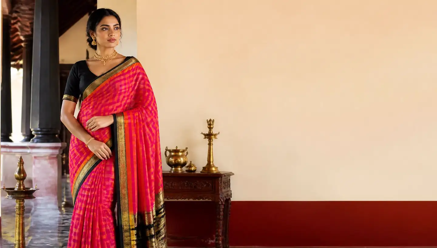 Model in a fuchsia pink and orange checked Karaikudi kandangi cotton saree