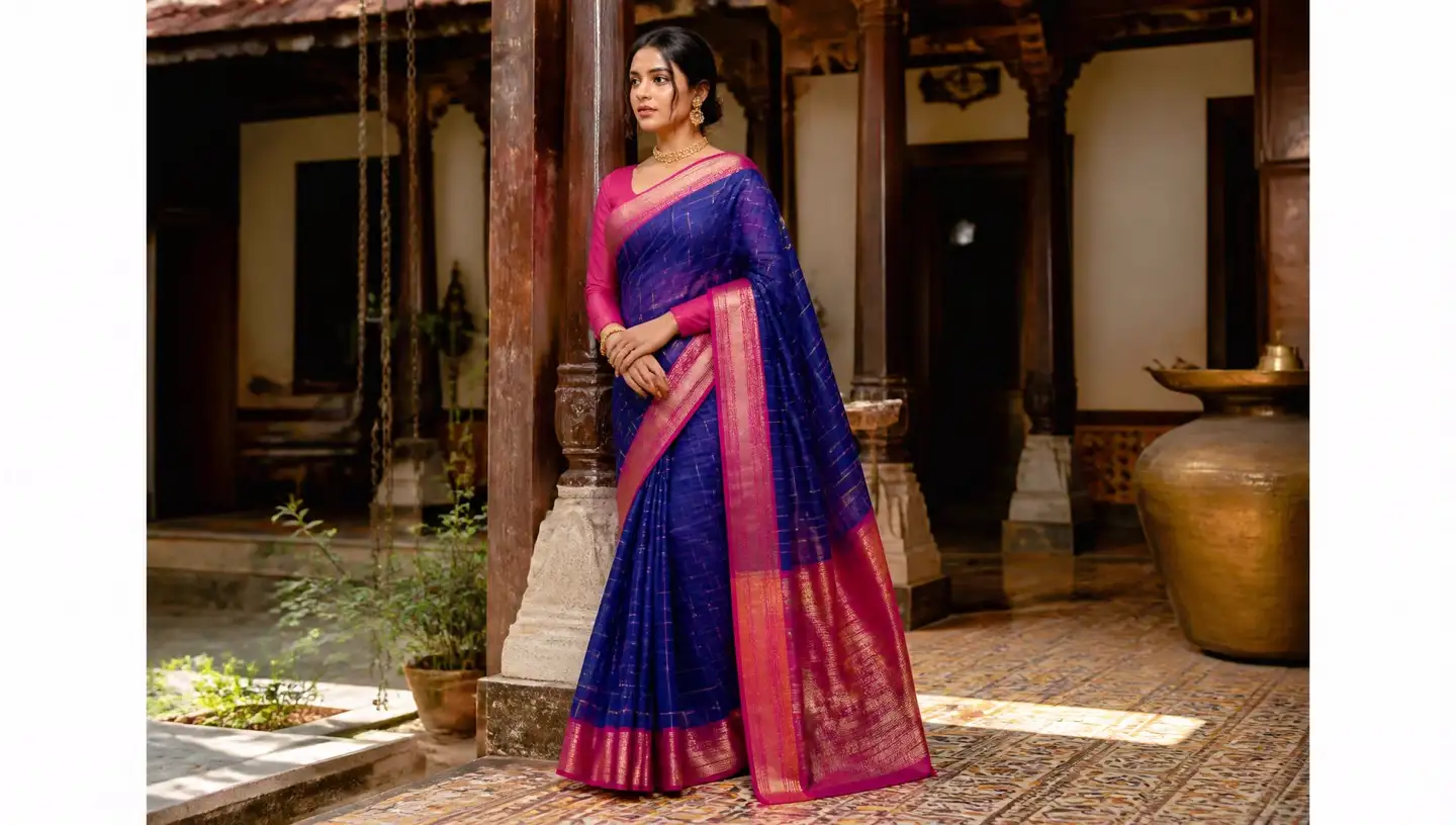 Model in an indigo blue Chettinad cotton saree with a broad magenta pink korvai border